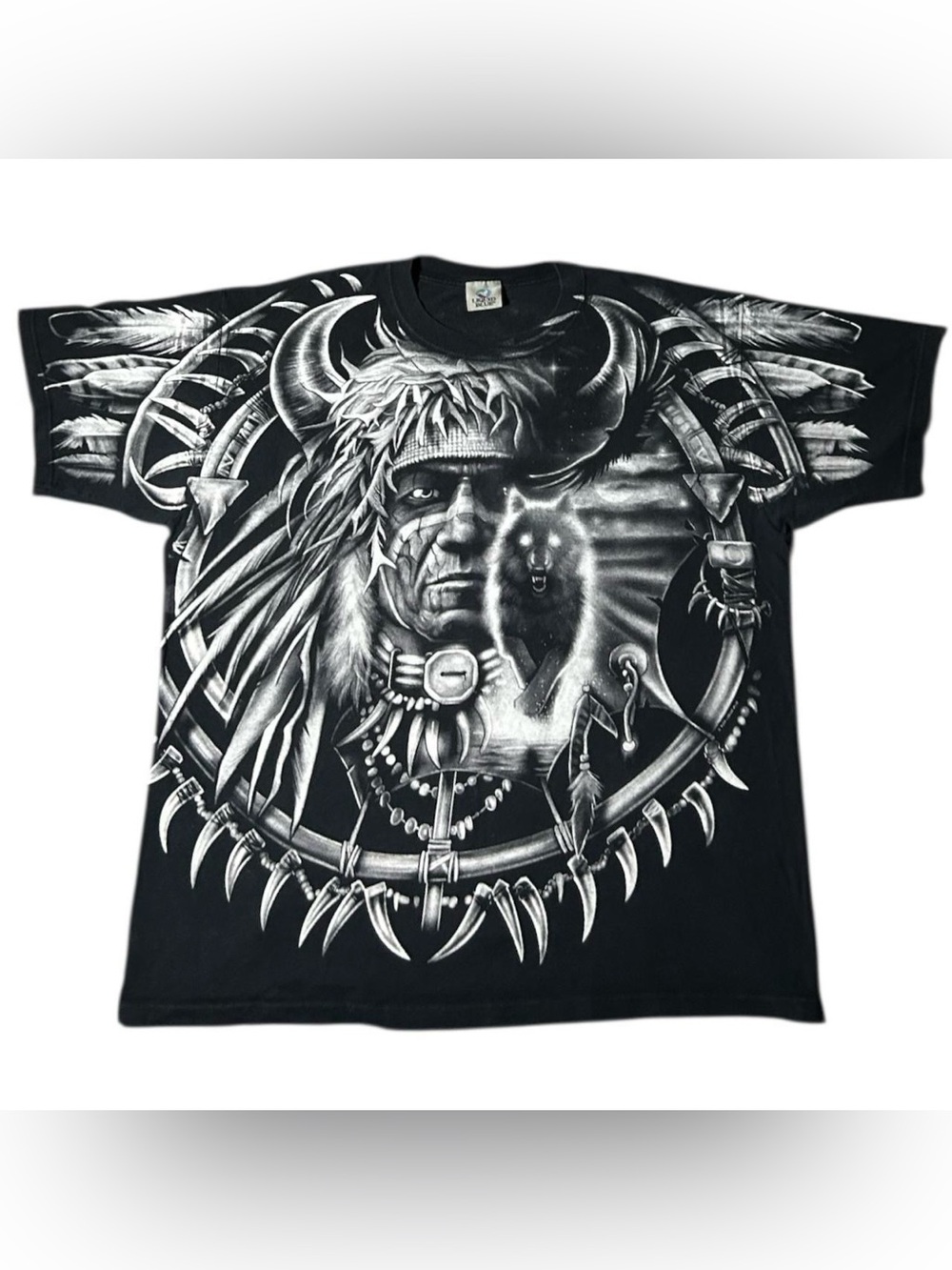 Vintage Liquid Blue Native American Chief Tribal Wolf 2003 All Over Print Shirt
